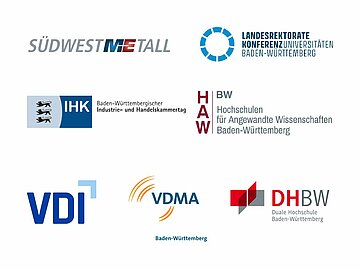 7 Logos von Südwestmetall, IHK, VDMA, VDI, DHBW, Landesrektoratekonferenz Universitäten BW und Hochschulen für angewandte Wissenschaften BW.  