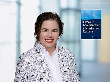 Portrait Prof. Dr. Julia Hansch, rechts daneben Ansicht des Buchcovers "Corporate Governance für internationale Konzerne"