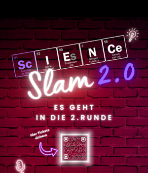 Poster zum Science Slam mit QR-Code zum Ticketkauf.