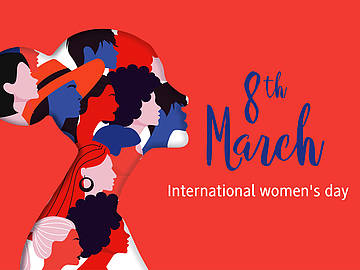 Grafik auf der man einen Frauenprofil sieht, das wiederum aus vielen unterschiedlichen Frauenprofilen besteht. Daneben der Schriftzug "8th March International women's day"