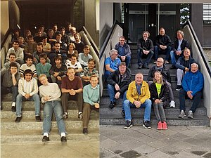 Ein Bild aus zweien zusammengestellt: Ein Bild aus 1986 mit allen Studierenden des Kurses auf der Treppe zur Berufsakademie sitzend, das zweite 38 Jahre später mit den Alumni an der gleichen Stelle sitzend.