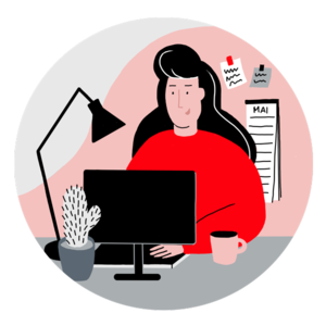 Ka­ri­ka­tur mit einer Frau in einem roten Pullover, die am Schreibtisch an einem Bildschirm arbeitet
