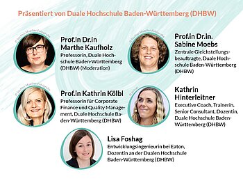 Die DHBW Mannheim bei der HerCareer: Das sind die Speakerinnen der Diskussionsrunde am 9.10.2025. Weiß-hellgrünes Plakat in Querformat mit 5 runden Bildern der Speakerinnen, jeweils daneben eine kurze Beschreibung der Person.