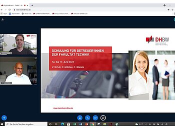 Screenshot mit zwei der referierenden Professoren und Begrüßungsfolie der Online-Schulung