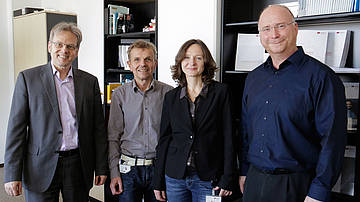 Prof. Dr. Andreas Föhrenbach, Prof. Dr. Reinhold Hübl, Dr. Katja Derr, Prof. Dr. Holger Hofmann zur Promotion von Dr. Katja Derr