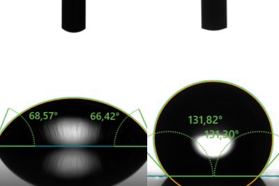 Projekt PECVD_BipoCoat: Entwicklung innovativer PECVD-Beschichtungsverfahren für metallische Bipolarplatten. Ein Bild aus zwei zusammengesetzten, beide mit weißem Hintergrund: Links sieht man einen schwarzen linsenförmigen Tropfen, der im Winkel von ca. 66 Grad aufliegt; auf dem rechten sieht man einen schwarzen runden Tropfen, der einen Kontaktwinkel zur Oberfläche von 130 Grad hat. Die Gradzahlen sind in der Skizze notiert.